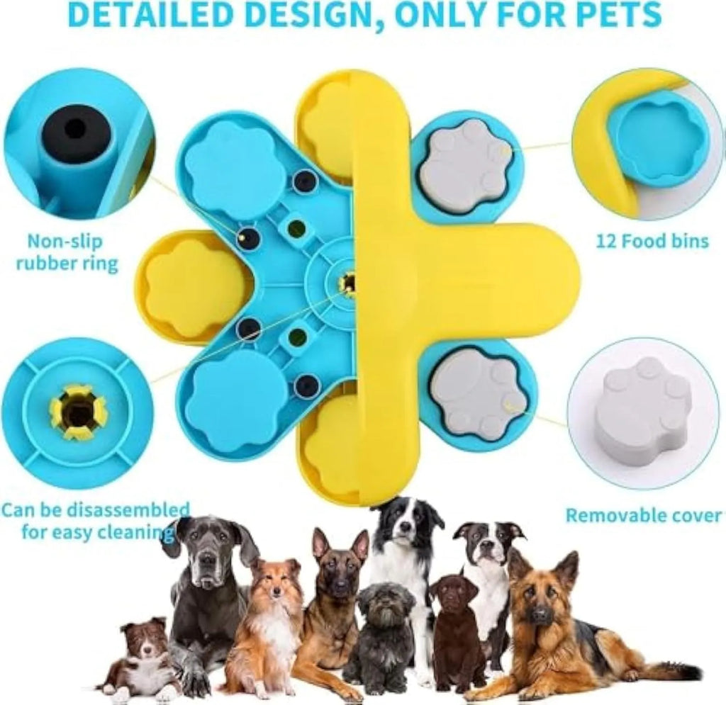 Yellow three-layer rotating dog puzzle feeder toy with removable lids and non-slip base