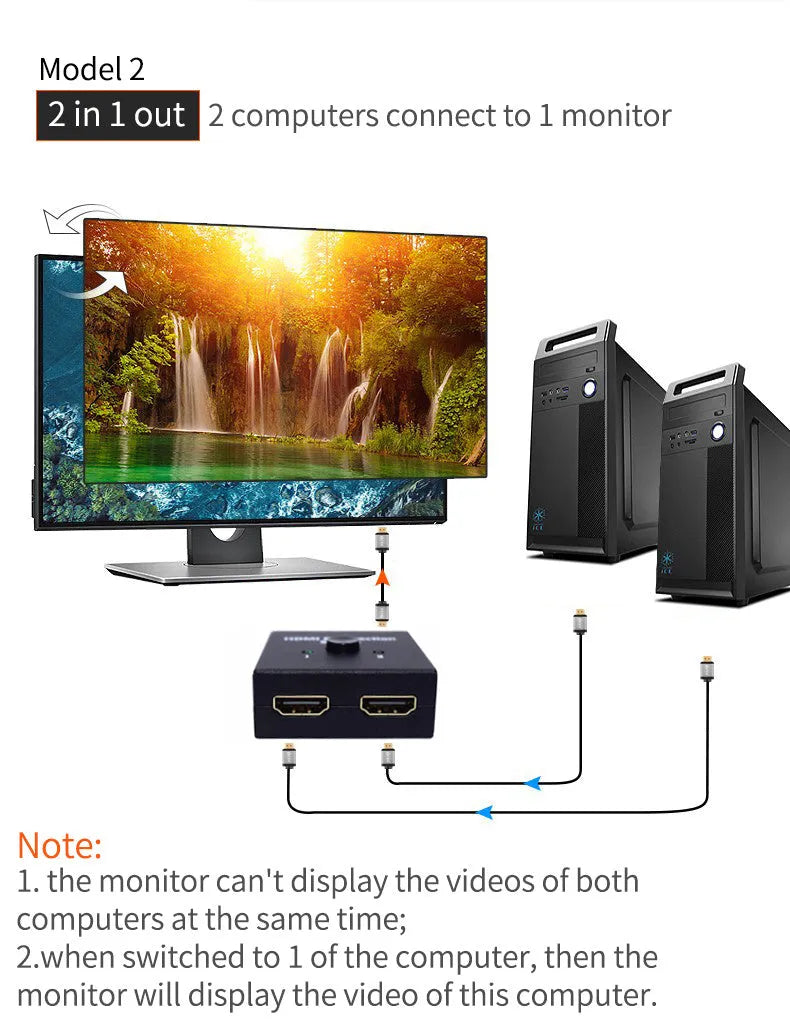 HDMI bi-direction switch black plastic housing with three ports and two blue LED indicators
