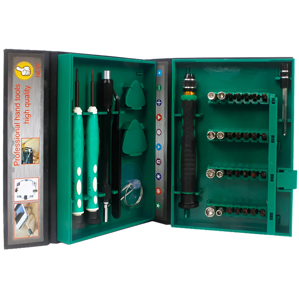 Screwdriver kit with S2 alloy bits in a compact storage case on a workbench