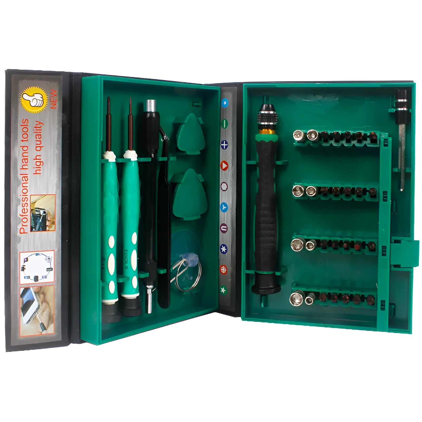 Screwdriver kit with S2 alloy bits in a compact storage case on a workbench