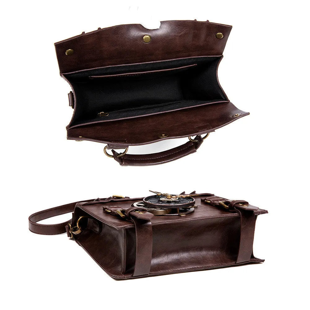 Bronze steampunk style PU leather shoulder bag with metal hardware on a horizontal square pillow bag shape.