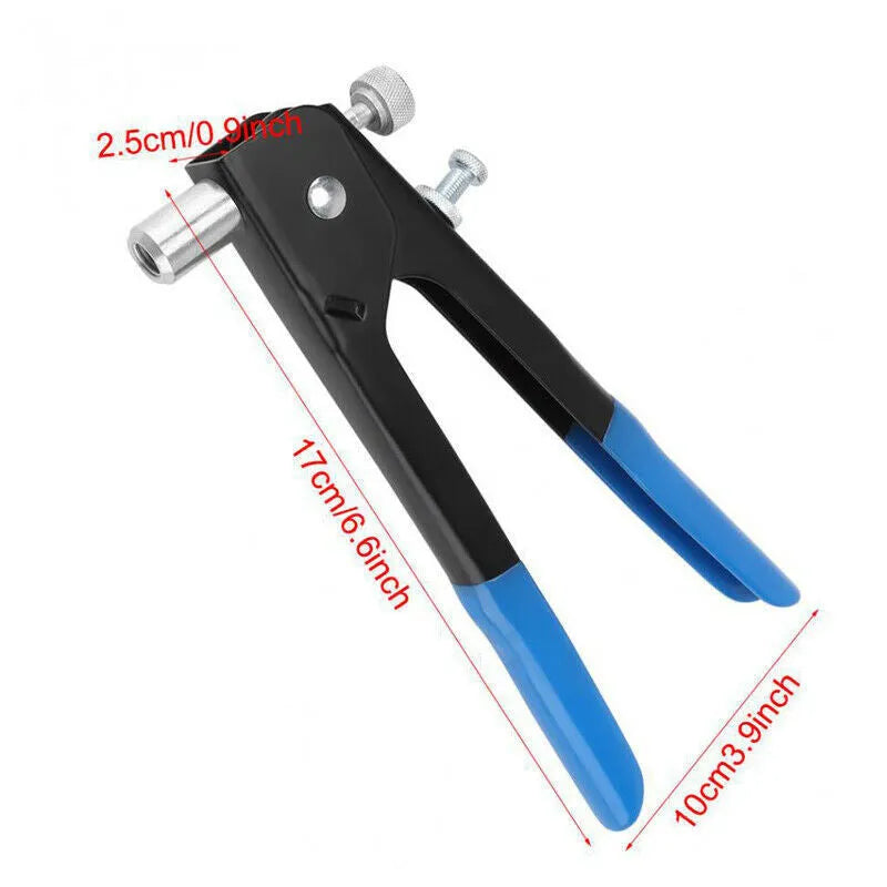 Alloy steel manual rivet nut gun tool with a selection of rivet nuts from the 106pc or 86pc kit.
