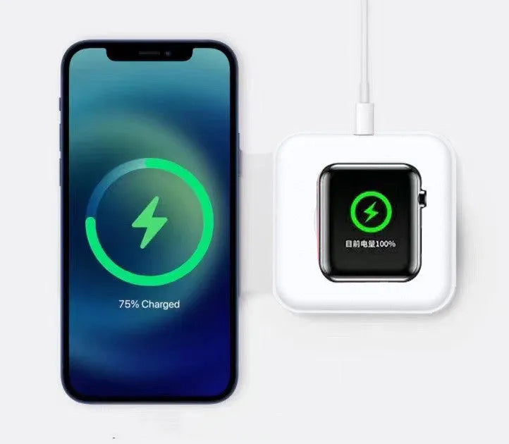 Folding dual wireless Magsafe magnetic charger in white for Apple iPhone Watch AirPods with Type-C input
