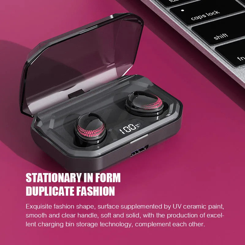 Black X10 Bluetooth wireless headset with charging case showing compact design