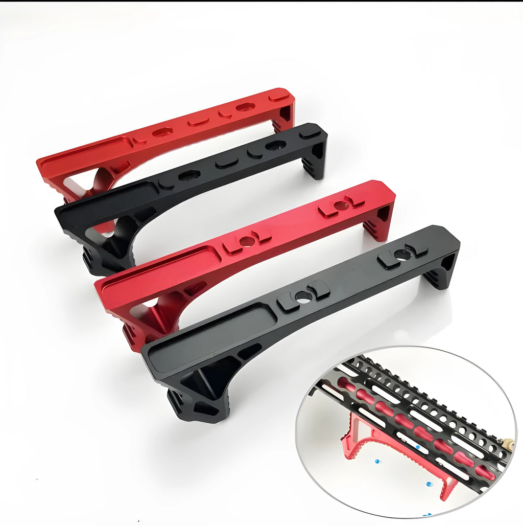 Metal hand stop foregrip for picatinny rails in black and red, shown with keymod and m-lok mounting variants.