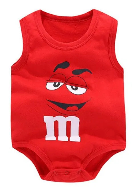 Sleeveless 100% cotton baby romper vest shown in one of ten print options, such as Duck or Totoro, for sizes 66cm to 90cm.