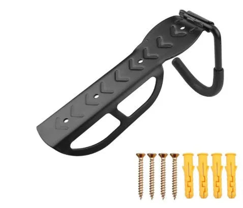 Black steel mountain bike wall rack with sponge-protected hook, measuring 260x130x70mm, loaded with a mountain bike