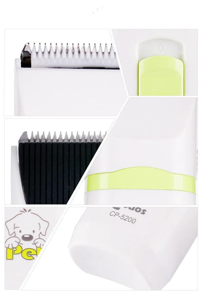 White pet grooming kit with electric hair trimmer, nail polisher, replacement head, lubricant, and small brush