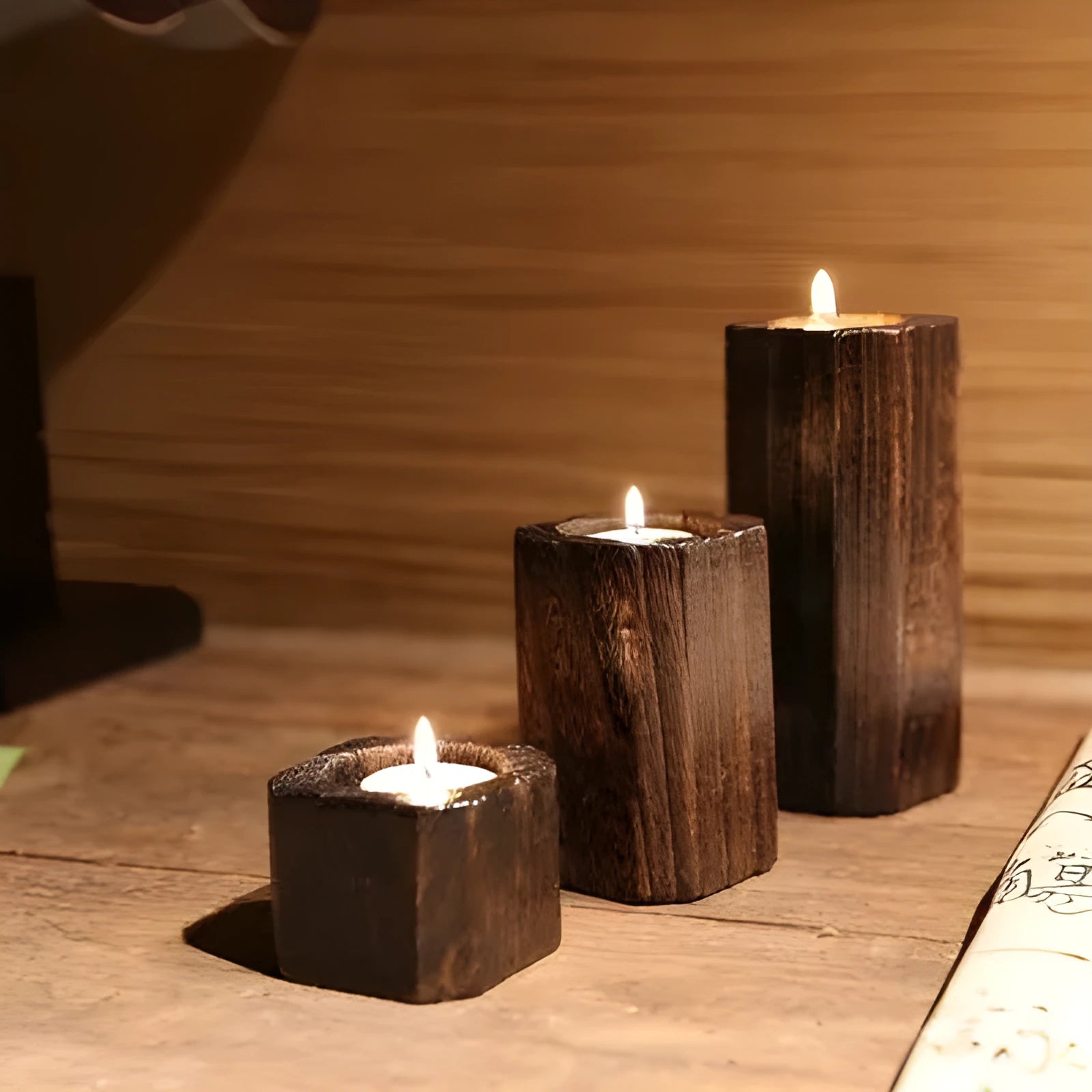 Three solid wood candle holders in natural paulownia wood charcoal-fired finish sizes small medium large
