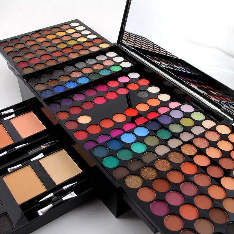 Piano-shaped makeup palette open showing 190 powder pans including eyeshadows, blushers and contour powders