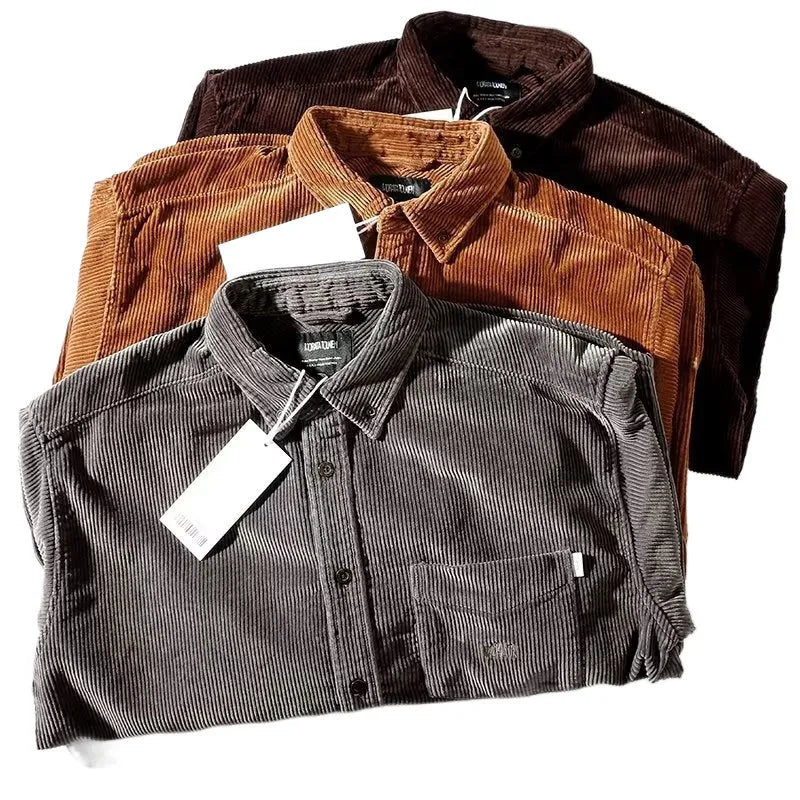 Caramel loose-fit corduroy long sleeve shirt with Hong Kong style collar.
