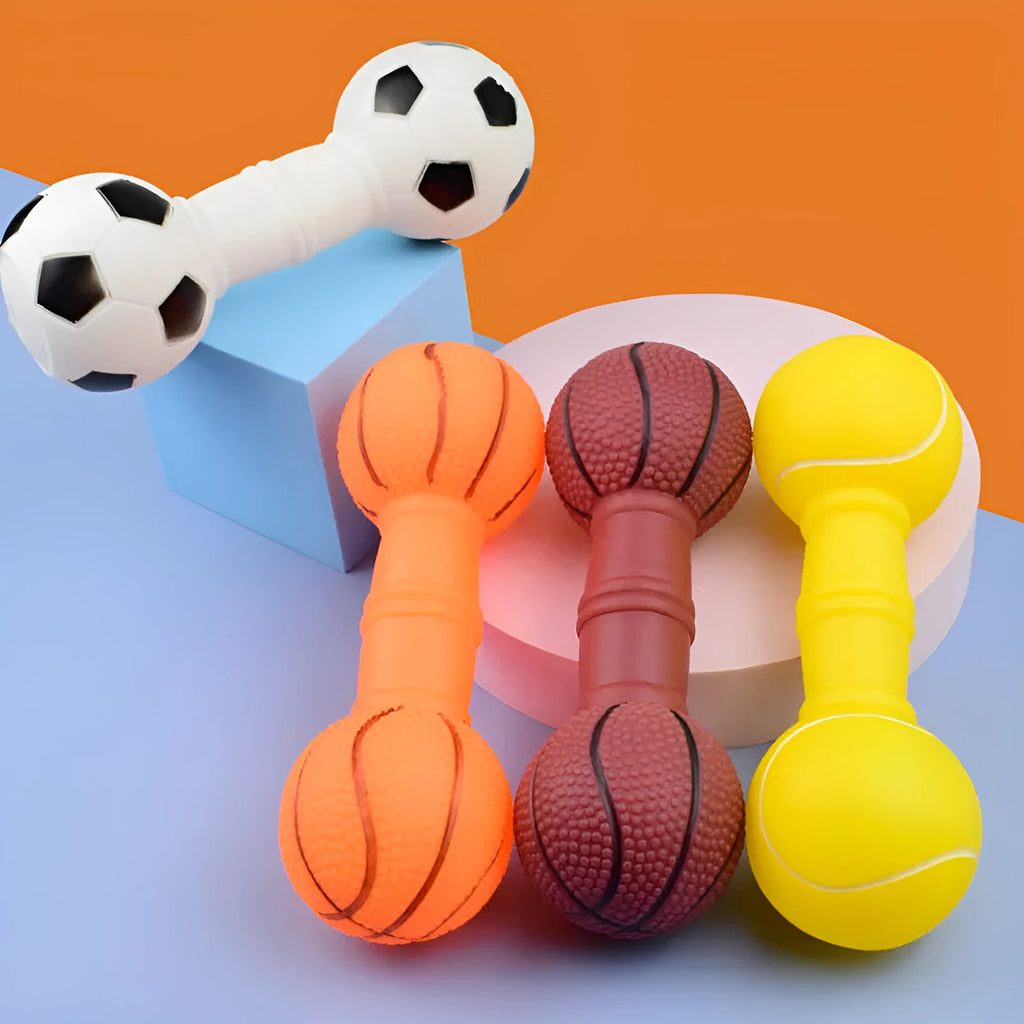 PVC football dumbbell shaped dog chew toy in yellow with squeaker