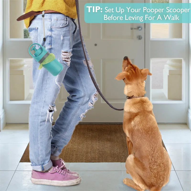 Blue portable dog pooper scooper with built-in bag dispenser and eight-claw shovel mechanism
