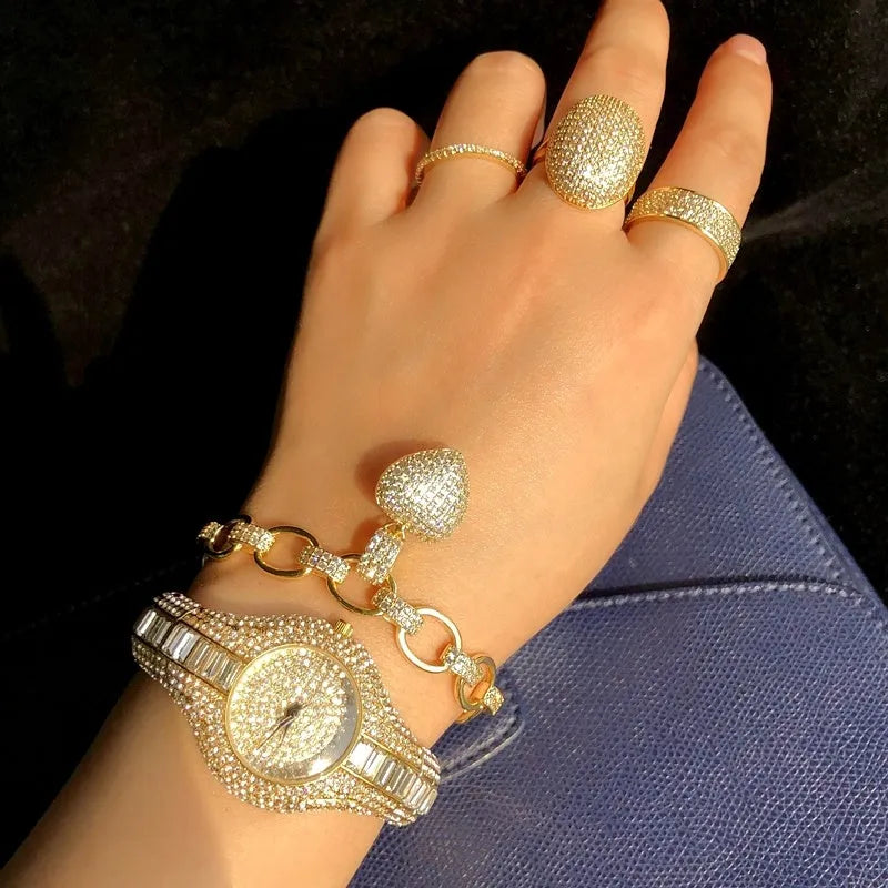 Gold ladies' quartz watch with diamond and colourful stone decoration, round alloy case, alloy strap, and mineral strengthened glass mirror