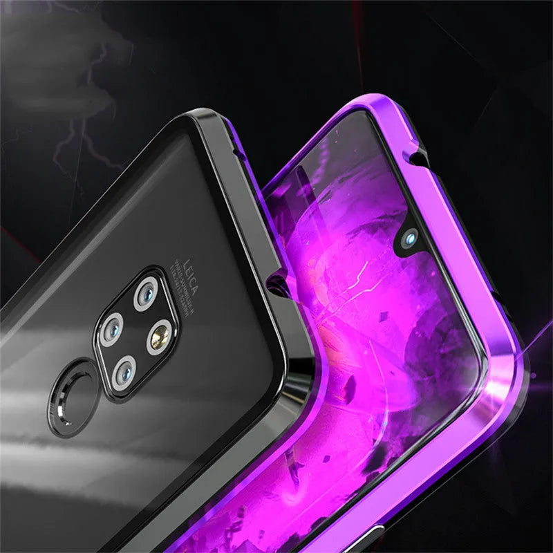 Black magnetic metal phone case with clear tempered glass back for a Huawei smartphone.