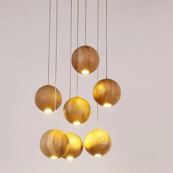 Nordic style solid wood ball chandelier pendant light with adjustable height cord