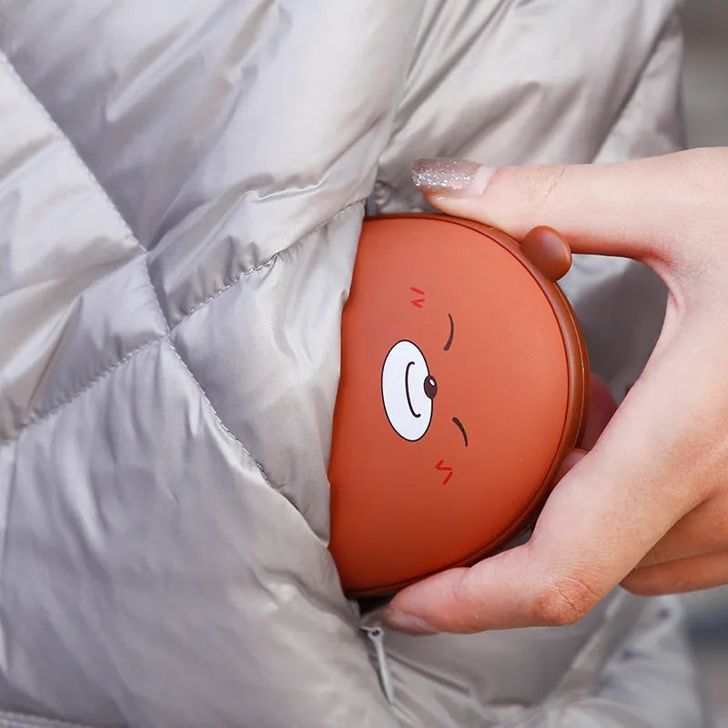 Multifunctional hand warmer power bank in brown and pink, compact size 10.5x8x5cm, with 2600mAh battery