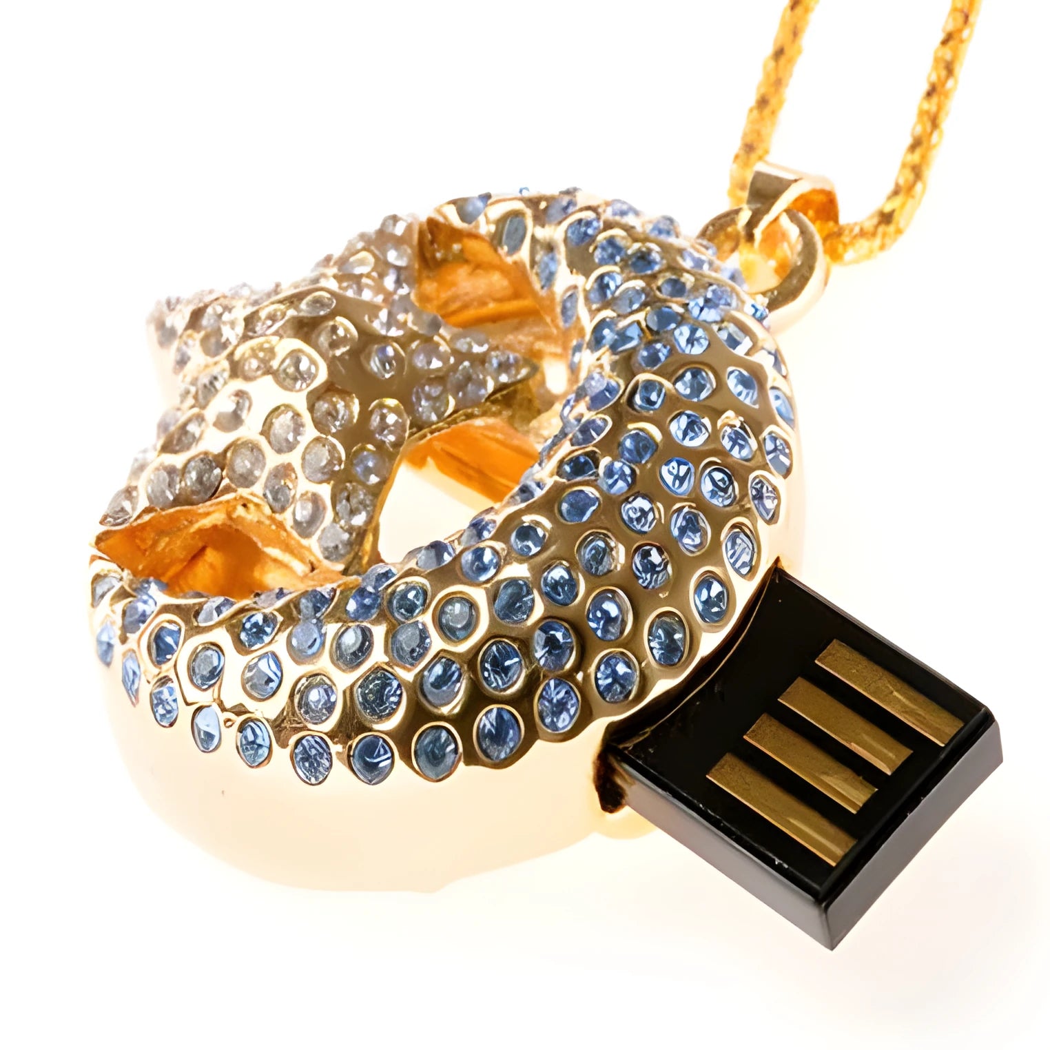 Silver jewellery-shaped metal USB flash drive on a white background.