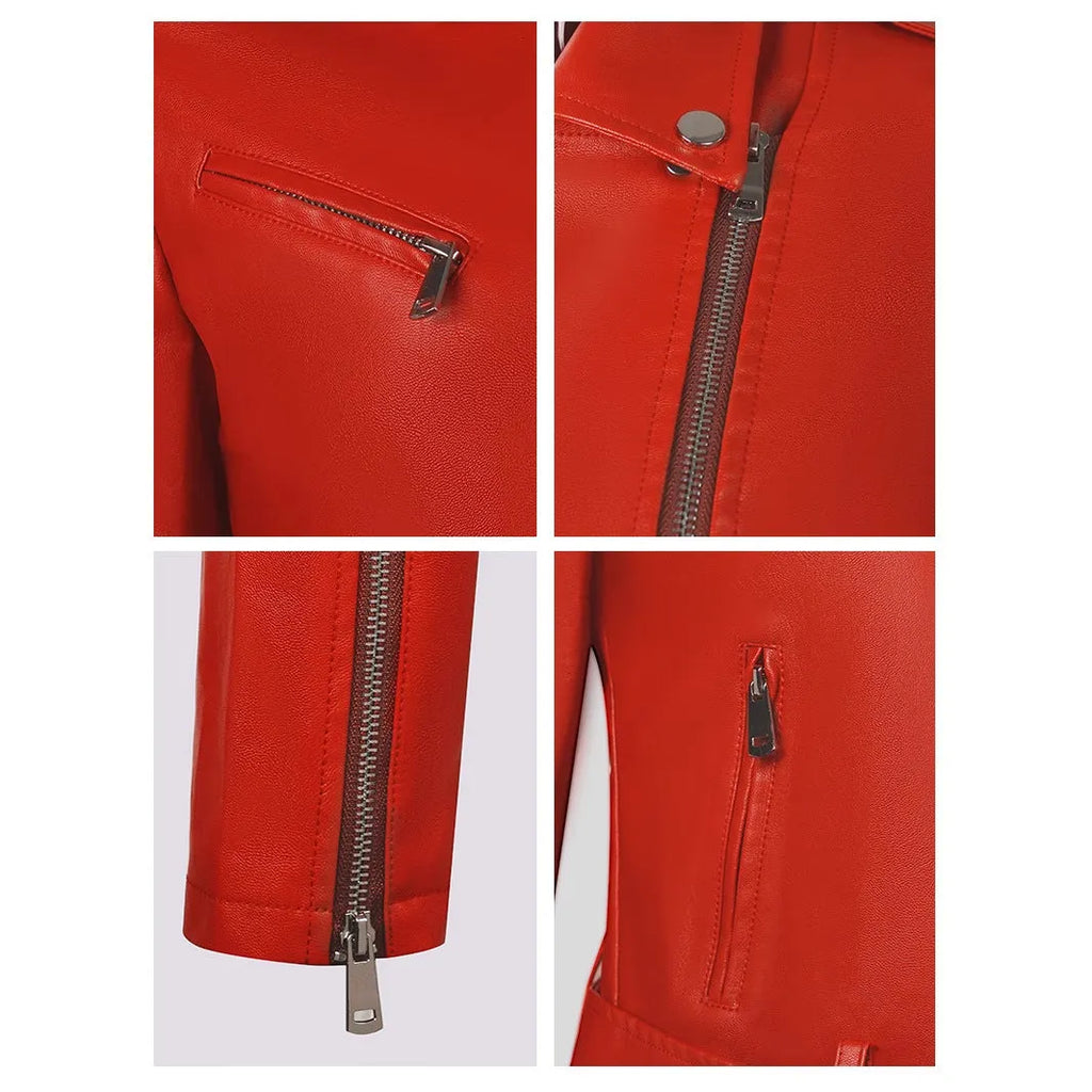 Red women's PU leather motorcycle jacket with lapel collar and front belt on a hanger.