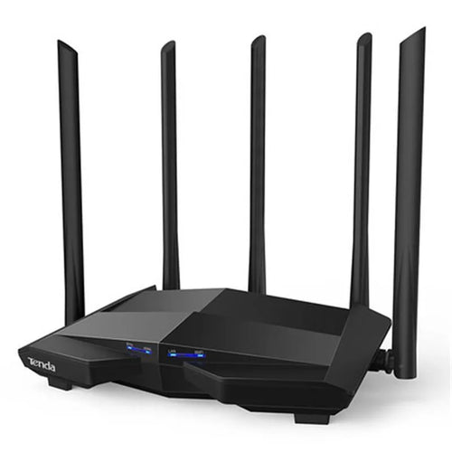 Black AC11 Gigabit wireless router with four network ports and multiple international plug options