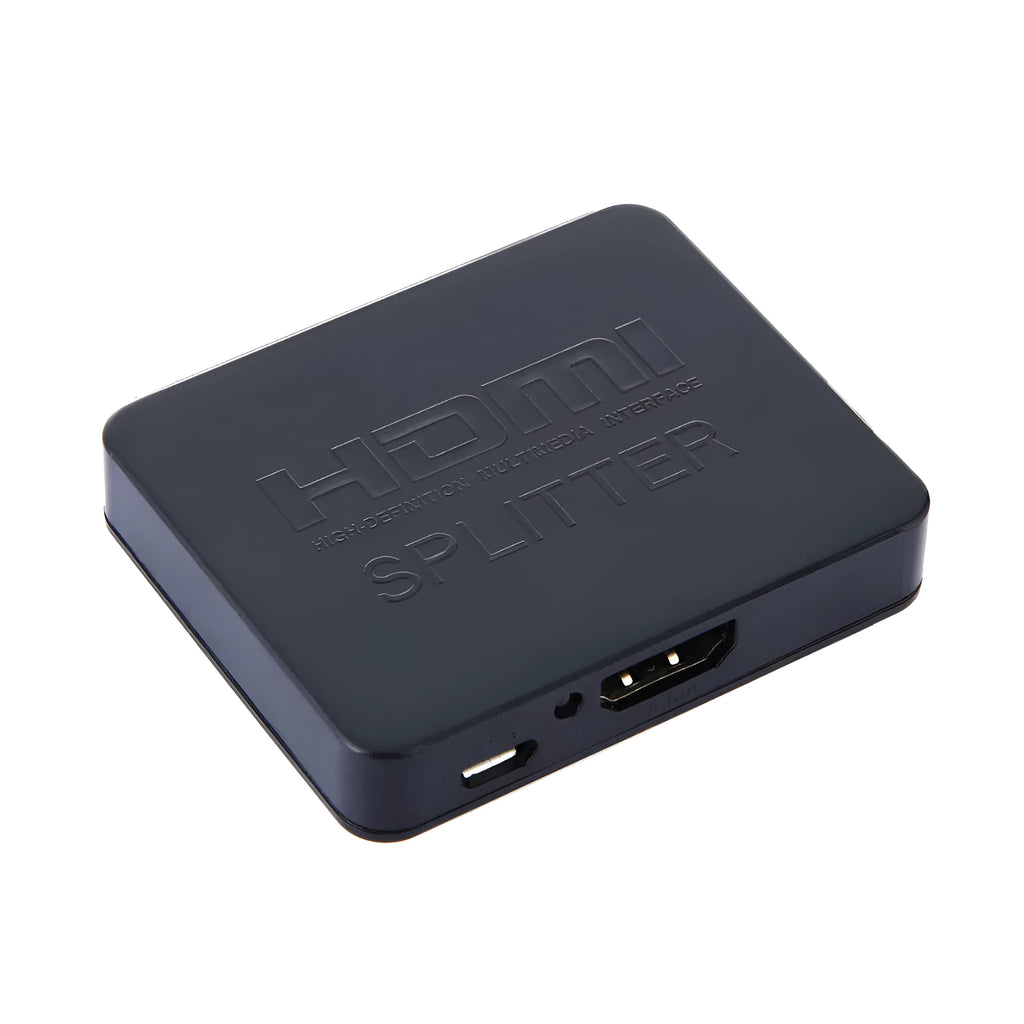 Black mini HDMI splitter with 1 input and 2 outputs, supporting 1080p, HDMI 1.4, HDCP, 3D and CEC