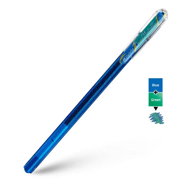 Flash gel pen with glitter ink in eight colours including purple and silver, showing 1.0mm tip.