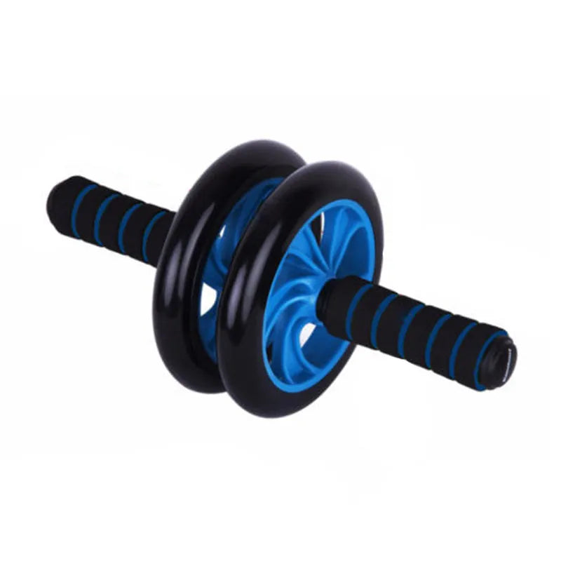 Dark blue double-wheel abdominal roller with push-up support and palm guard, ABS plastic, 16.5cm and 14.5cm roller diameters.