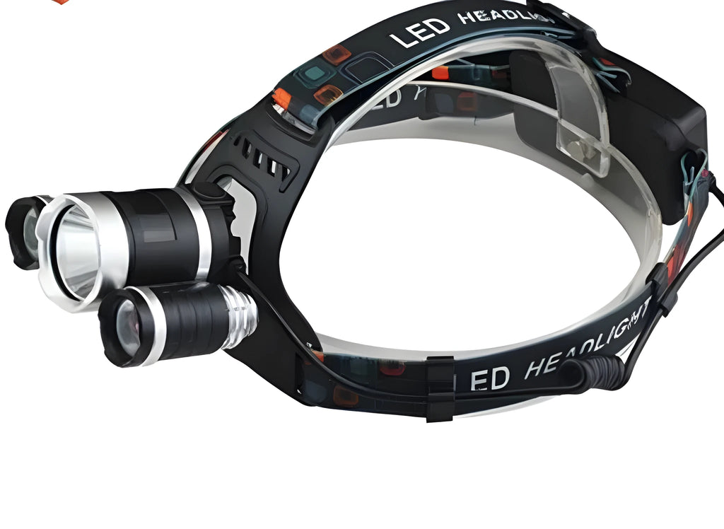 Aluminium alloy rechargeable LED headlamp with adjustable elastic headband shown in use.