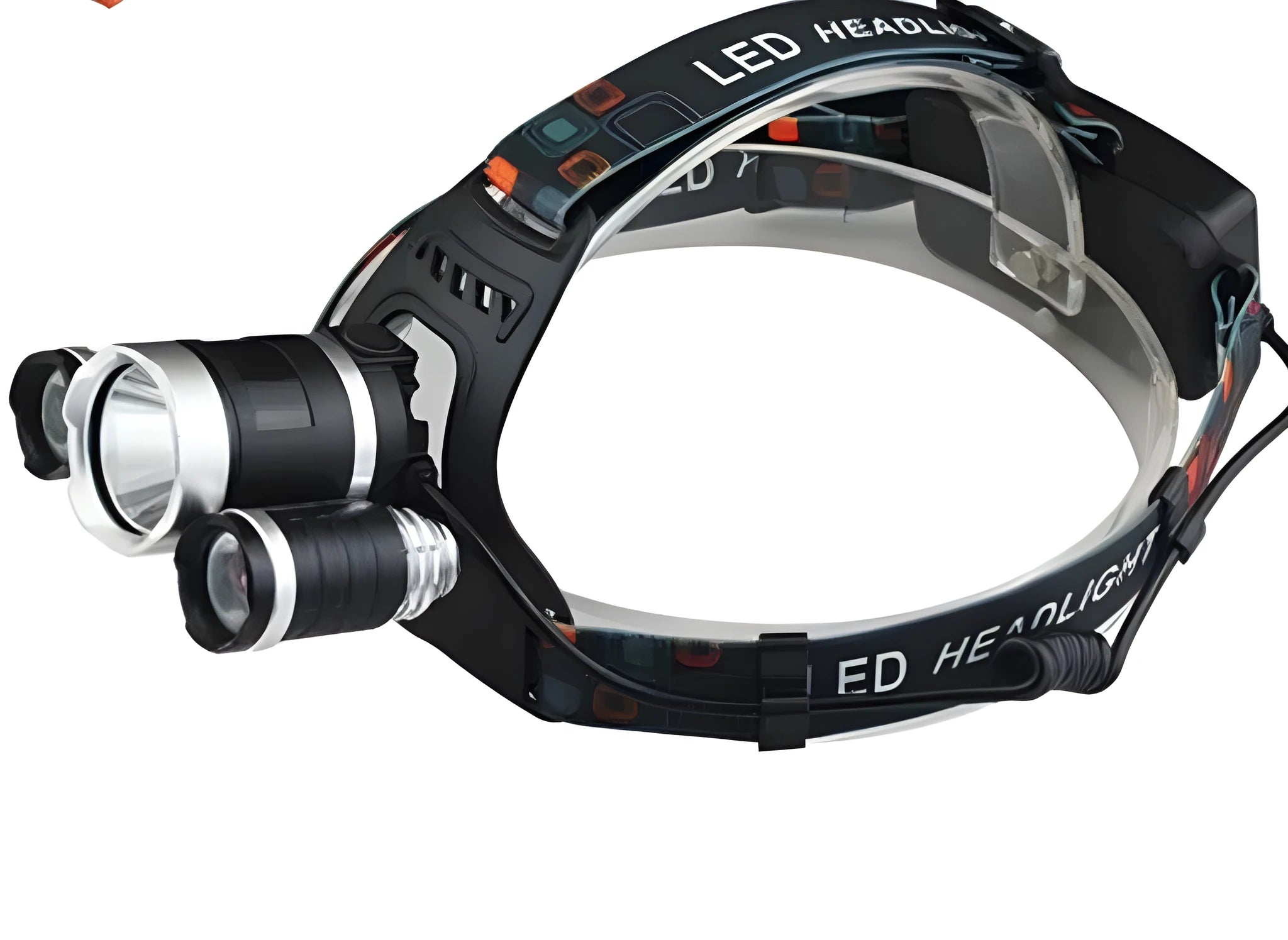 Aluminium alloy rechargeable LED headlamp with adjustable elastic headband shown in use.