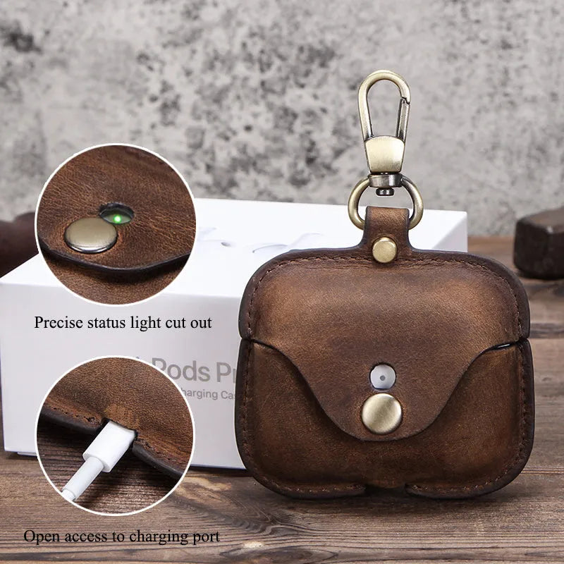 Brown leather clamshell case for AirPods Pro with a vintage crazy horse texture.