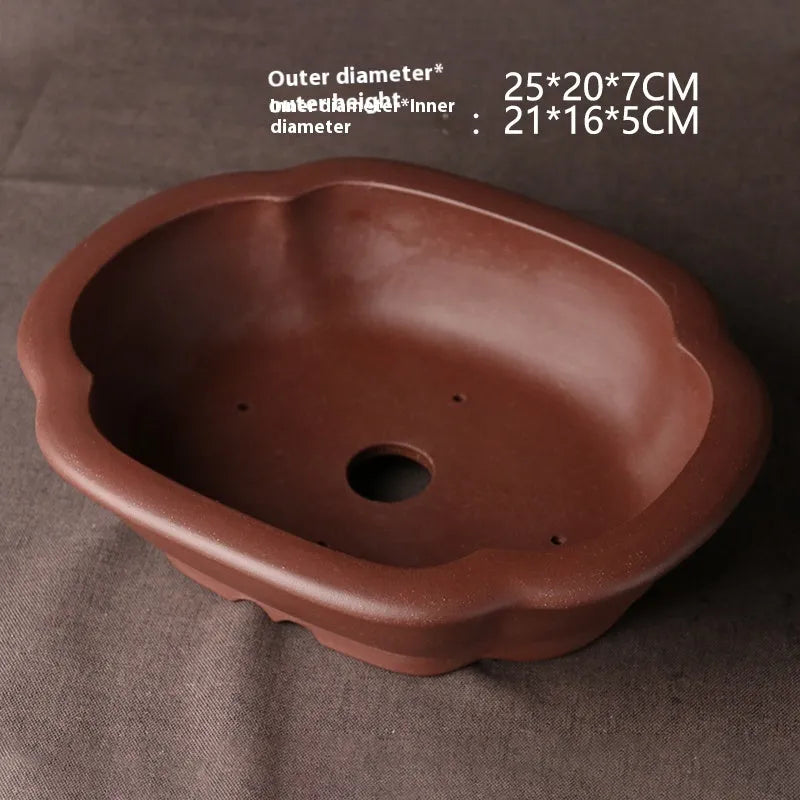 Handmade purple clay bonsai basin with classical Chinese styling measuring 25×20×7cm