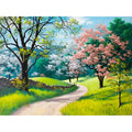 40x50cm paint by numbers kit showing printed linen landscape canvas, acrylic paint pots, and optional wooden stretcher frame.