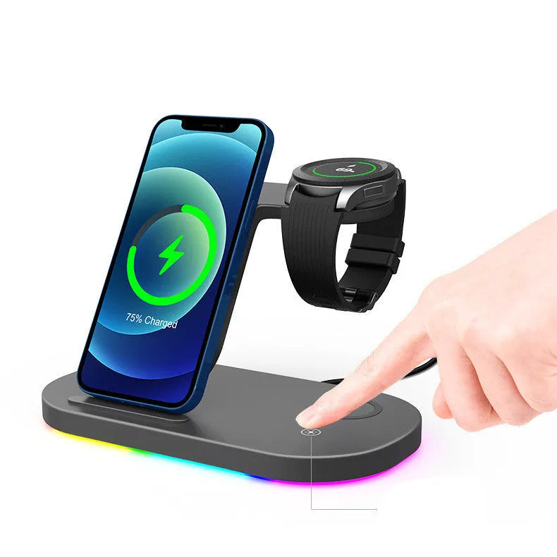 Three-in-one fast wireless charger in black or white, showing charging areas for phone, watch and headphones.