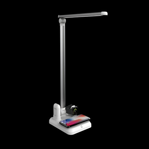 X-1 model 4-in-1 multi-function LED desk lamp with wireless charging pad in black or white finish.