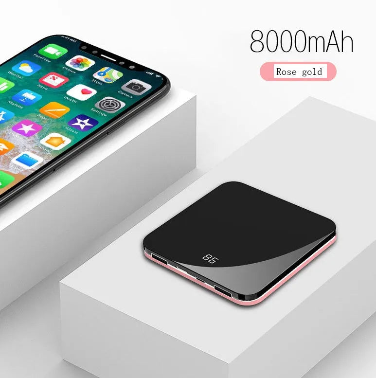 Ultra-thin mirror mini power bank 8000mAh alloy shell LCD display in black red rose gold