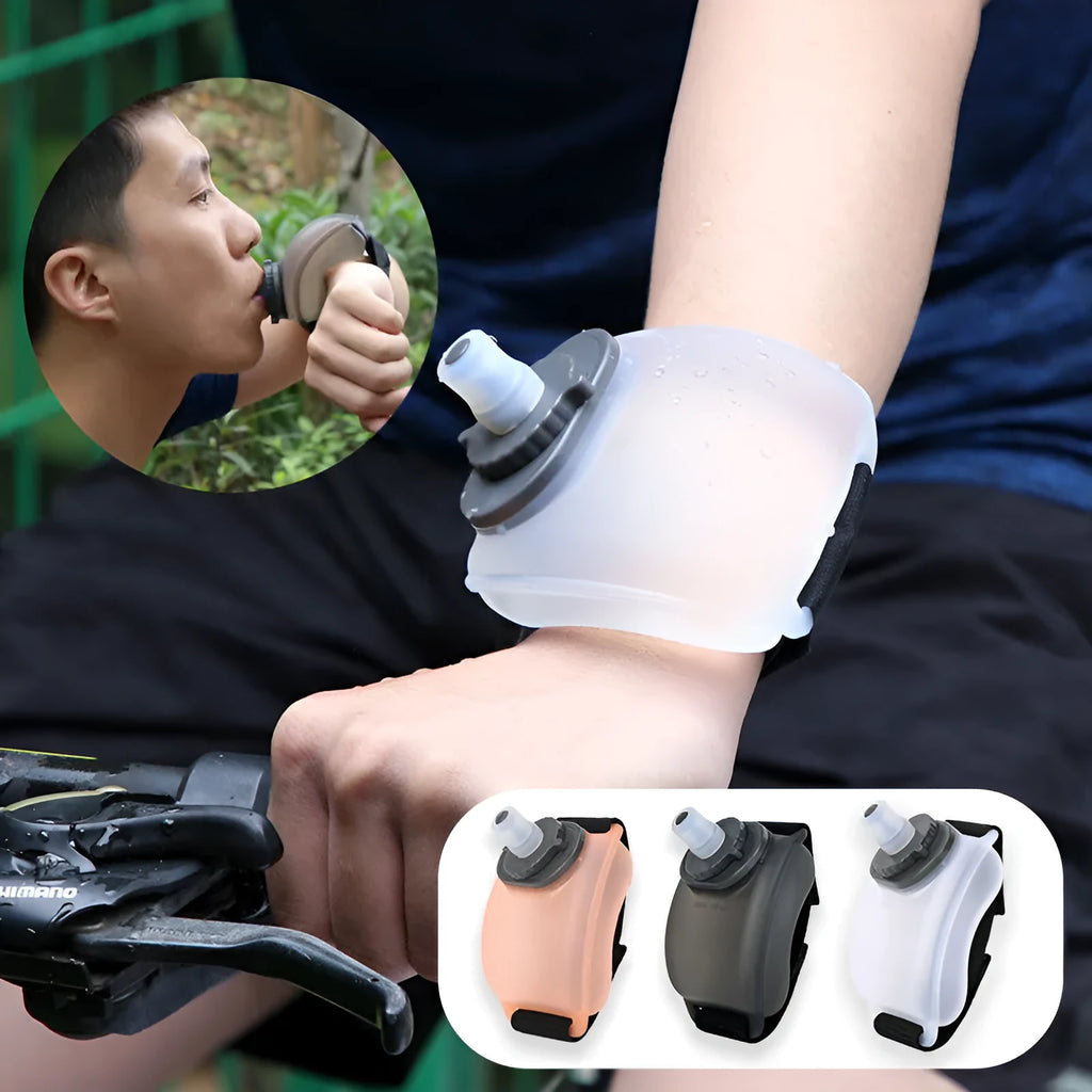 Black silicone wrist water bottle with adjustable Velcro strap shown on a wrist, 200ml capacity for sports.
