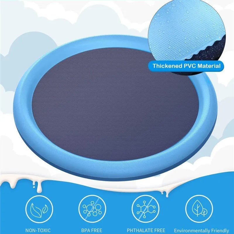 Non-slip PVC splash pad inflated in backyard with blue colour for kids and pet dog summer water play