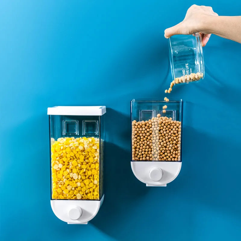 White wall-mounted transparent kitchen food storage container with dispenser lid for cereal and dry goods