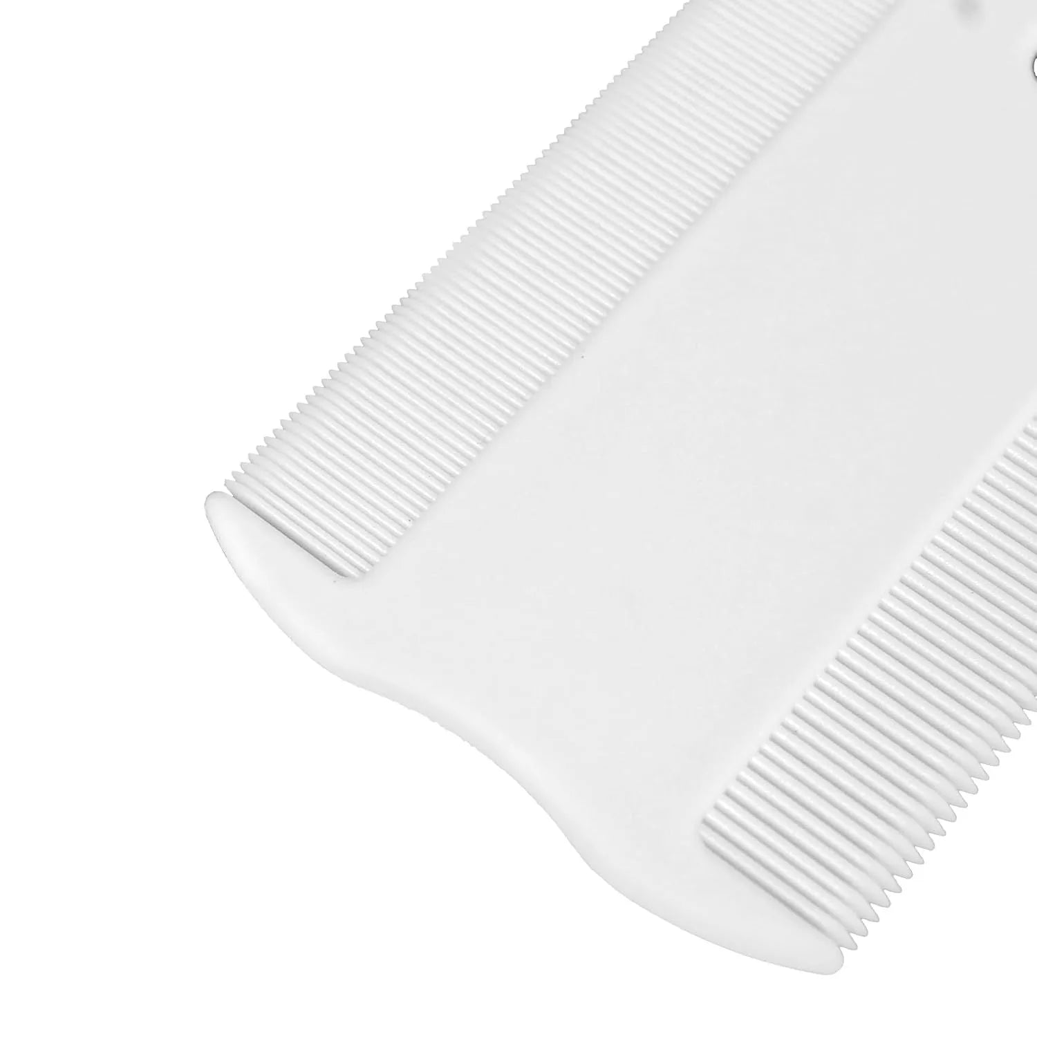 Double-sided plastic flea comb for pets showing fine teeth and grate mouth designs on a white background.