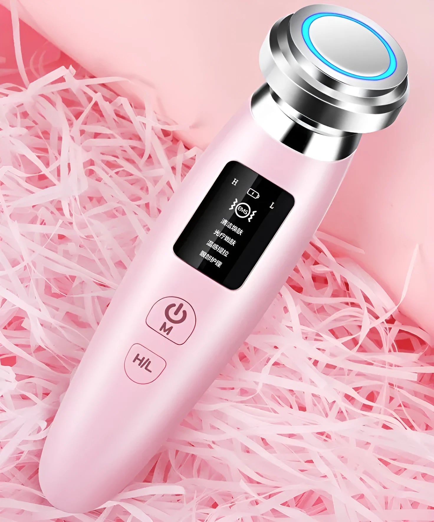 Pink USB-rechargeable facial cleansing beauty instrument measuring 185mm long