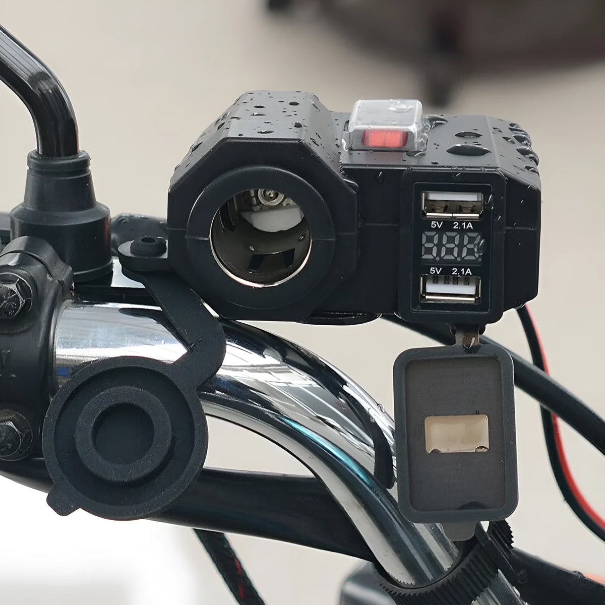 Motorcycle USB waterproof charger dual ports voltmeter model CD-3028 black handlebar mount