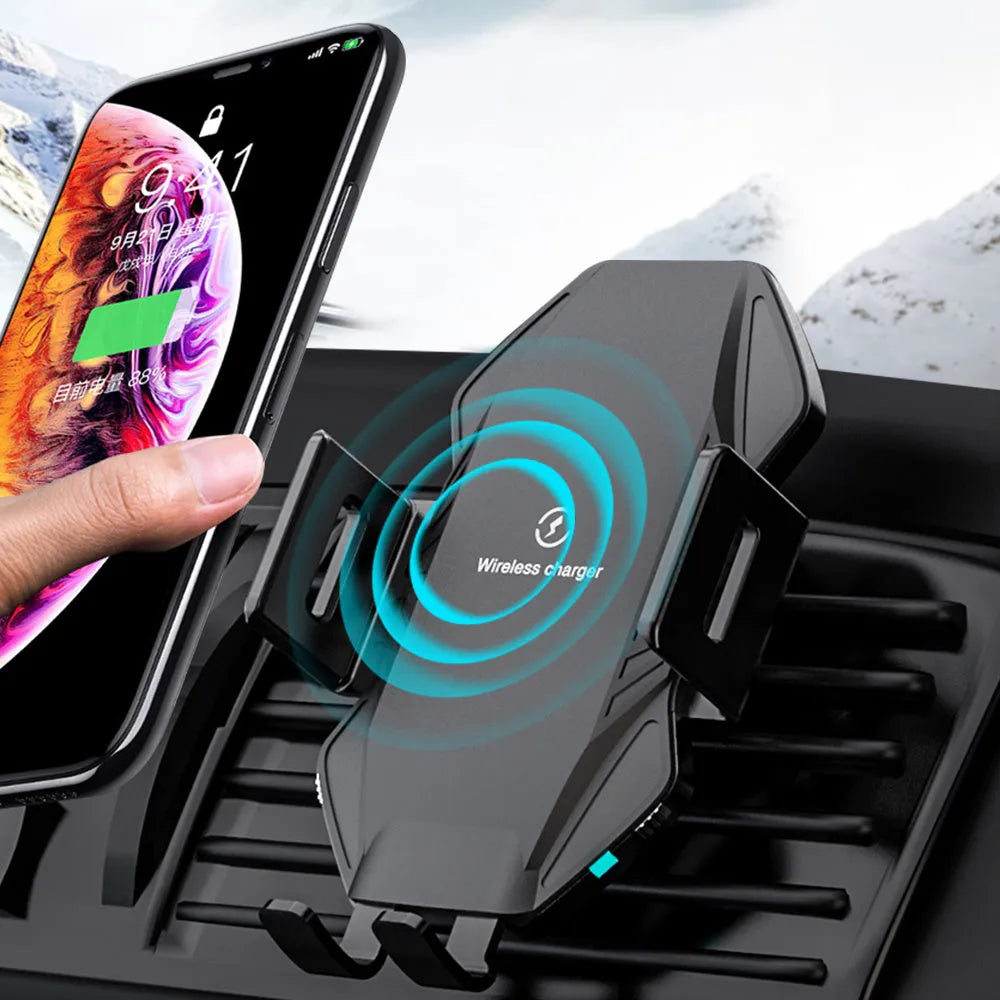 Auto-sensing car wireless charger in black or grey with choice of chuck or suction cup mount for dashboard or air vent.