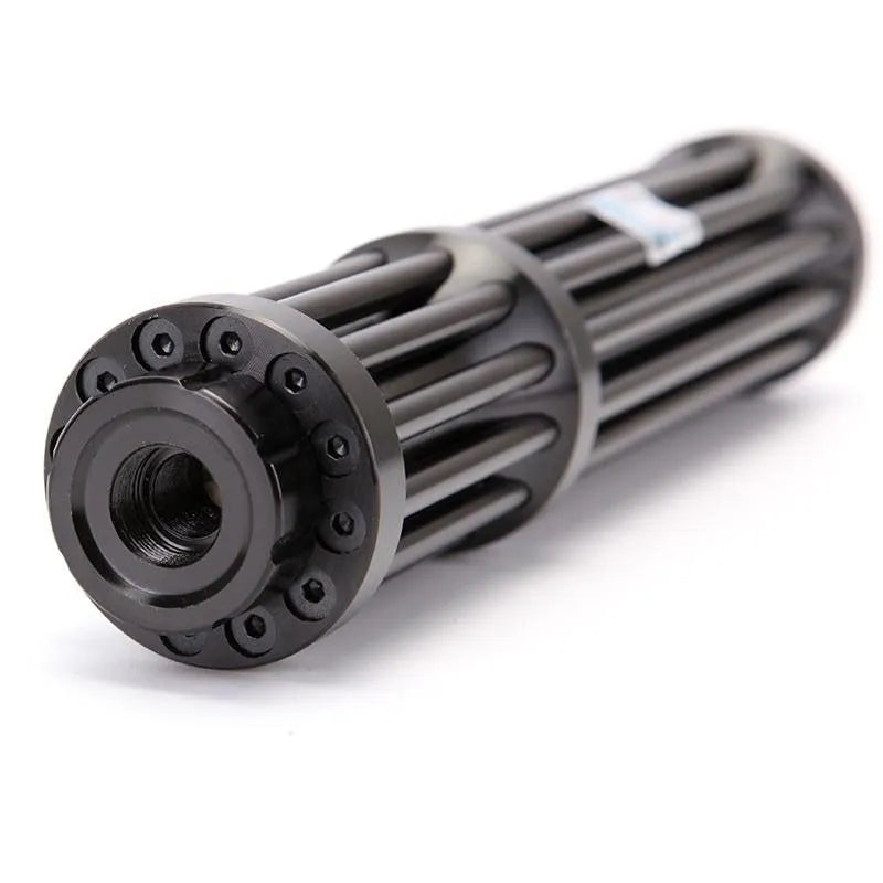 Black anodised aluminium tactical flashlight with blue laser pointer.