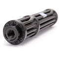 Black anodised aluminium tactical flashlight with blue laser pointer.