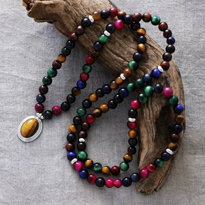 Colour tiger-eye natural stone necklace and bracelet set with wings, crown, infinite symbol, and heart-shaped pendants on ball bead chain