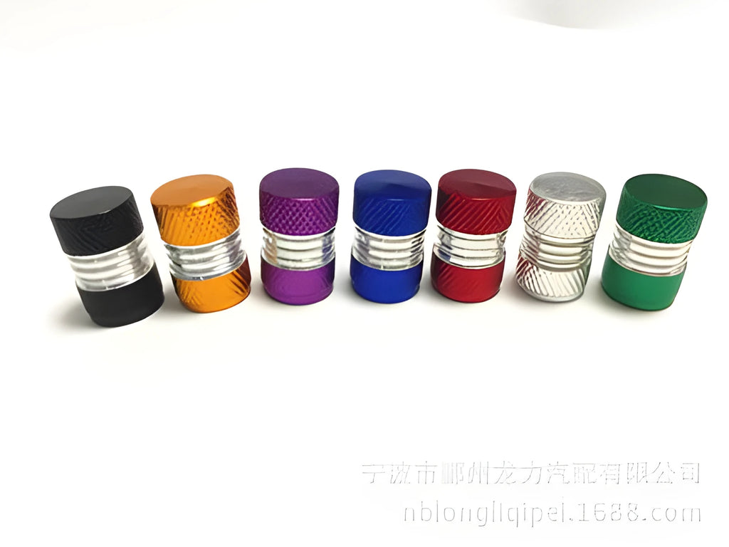 Set of four aluminium alloy tyre valve dust caps in seven colour options with O-ring seals