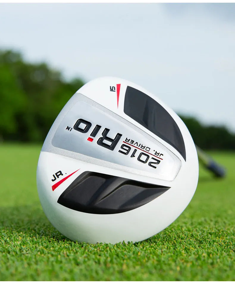 Children's golf club set with forged aluminium wood, carbon shafts, ball bag, tee, black and white finish