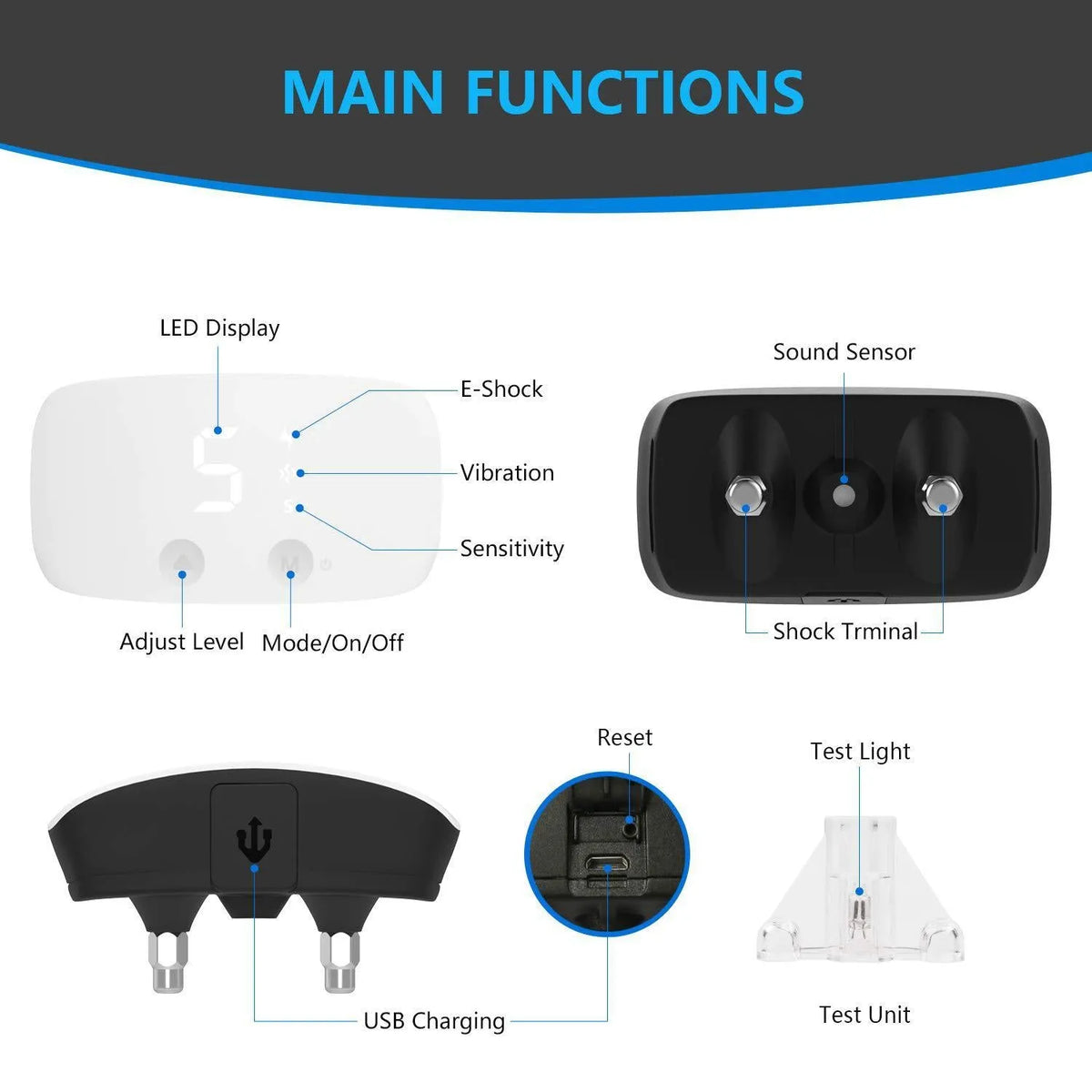 Touch bark stopper dog trainer in black or white ABS plastic, handheld pet training device with one plastic pet barker included.