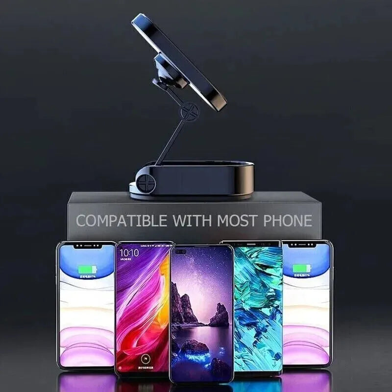 Chrome magnetic car phone holder with foldable bracket on dashboard showing 360-degree rotation