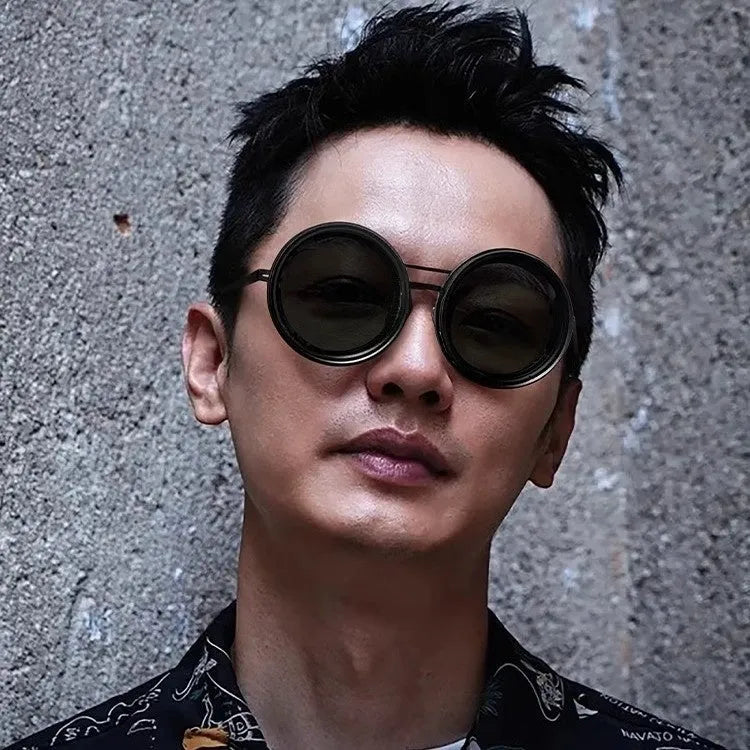 Handmade ND9 adjustable polarized sunglasses with Aluminum Magnesium full rim round frame in black thick leg colour